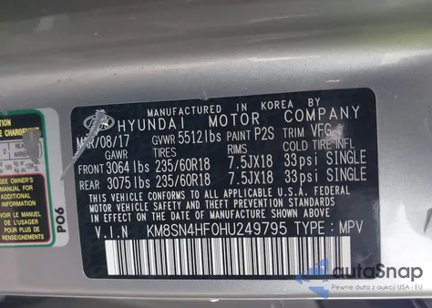 2017 Hyundai Santa Fe Se from USA, damaged, VIN KM8SN4HF0HU249795